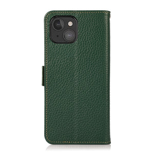 For iPhone 13 mini KHAZNEH Side-Magnetic Litchi Genuine Leather RFID Case (Green)