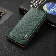For iPhone 13 mini KHAZNEH Side-Magnetic Litchi Genuine Leather RFID Case (Green)