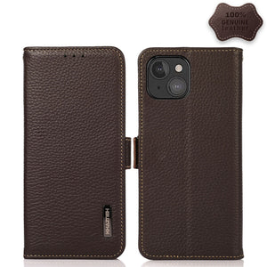 For iPhone 13 mini KHAZNEH Side-Magnetic Litchi Genuine Leather RFID Case (Brown)
