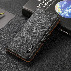 For iPhone 13 KHAZNEH Side-Magnetic Litchi Genuine Leather RFID Case(Black)