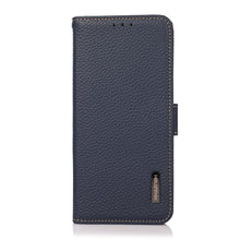 For iPhone 13 KHAZNEH Side-Magnetic Litchi Genuine Leather RFID Case(Blue)