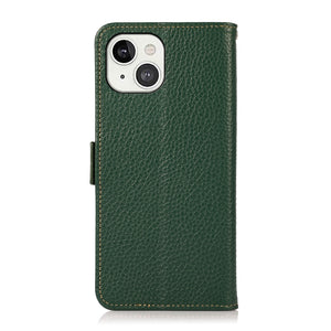 For iPhone 13 KHAZNEH Side-Magnetic Litchi Genuine Leather RFID Case(Green)