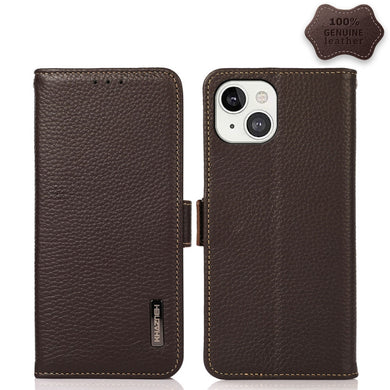 For iPhone 13 KHAZNEH Side-Magnetic Litchi Genuine Leather RFID Case(Brown)