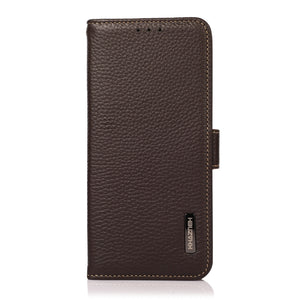 For iPhone 13 KHAZNEH Side-Magnetic Litchi Genuine Leather RFID Case(Brown)