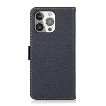 For iPhone 13 Pro KHAZNEH Side-Magnetic Litchi Genuine Leather RFID Case (Blue)