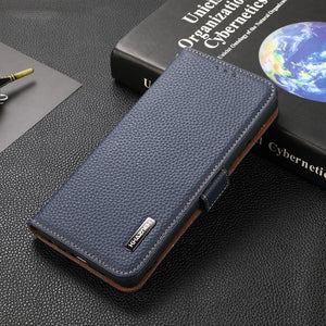 For iPhone 13 Pro KHAZNEH Side-Magnetic Litchi Genuine Leather RFID Case (Blue)