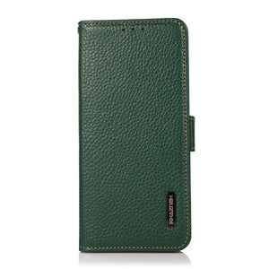 For iPhone 13 Pro KHAZNEH Side-Magnetic Litchi Genuine Leather RFID Case (Green)