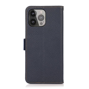 For iPhone 13 Pro Max KHAZNEH Side-Magnetic Litchi Genuine Leather RFID Case (Blue)