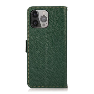 For iPhone 13 Pro Max KHAZNEH Side-Magnetic Litchi Genuine Leather RFID Case (Green)