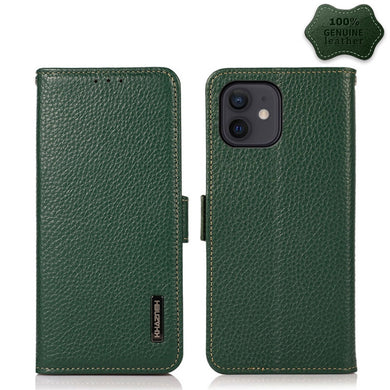 For iPhone 12 mini KHAZNEH Side-Magnetic Litchi Genuine Leather RFID Case (Green)