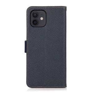 For iPhone 12 / 12 Pro KHAZNEH Side-Magnetic Litchi Genuine Leather RFID Case(Blue)