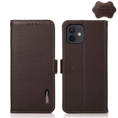 For iPhone 12 / 12 Pro KHAZNEH Side-Magnetic Litchi Genuine Leather RFID Case(Brown)