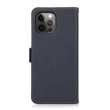 For iPhone 12 Pro Max KHAZNEH Side-Magnetic Litchi Genuine Leather RFID Case(Blue)