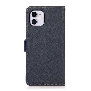 For iPhone 11 KHAZNEH Side-Magnetic Litchi Genuine Leather RFID Case (Blue)