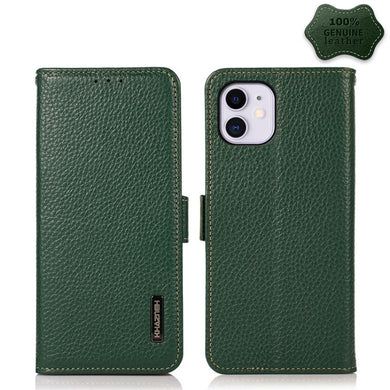 For iPhone 11 KHAZNEH Side-Magnetic Litchi Genuine Leather RFID Case (Green)