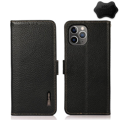 For iPhone 11 Pro Max KHAZNEH Side-Magnetic Litchi Genuine Leather RFID Case (Black)