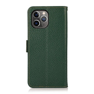 For iPhone 11 Pro Max KHAZNEH Side-Magnetic Litchi Genuine Leather RFID Case (Green)