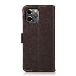 For iPhone 11 Pro Max KHAZNEH Side-Magnetic Litchi Genuine Leather RFID Case (Brown)