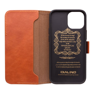 For iPhone 13 mini QIALINO Magnetic Buckle Leather Phone Case (Brown)