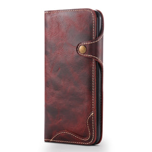 For iPhone 7 / 8 Denior Oil Wax Cowhide Magnetic Button Horizontal Flip Leather Case with Card Slots & Wallet(Dark Red)