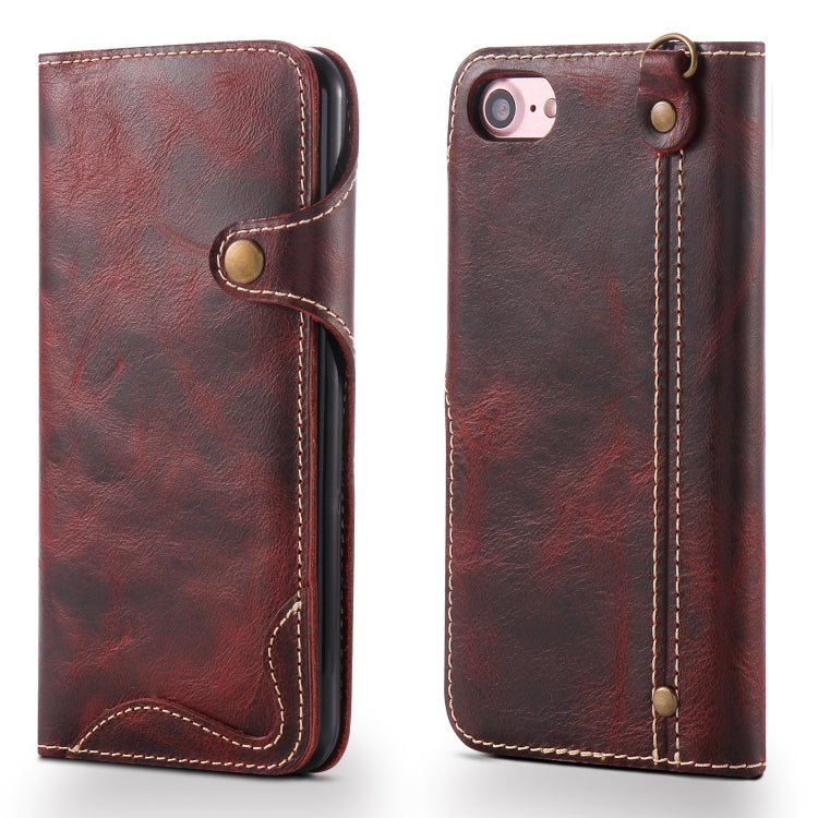 For iPhone 7 / 8 Denior Oil Wax Cowhide Magnetic Button Horizontal Flip Leather Case with Card Slots & Wallet(Dark Red)