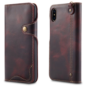 For iPhone X / XS Denior Oil Wax Cowhide Magnetic Button Horizontal Flip Leather Case with Card Slots & Wallet(Dark Red)