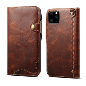 For iPhone 11 Pro Max Denior Oil Wax Cowhide Magnetic Button Horizontal Flip Leather Case with Card Slots & Wallet(Brown)