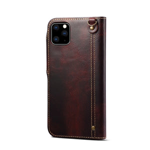 For iPhone 11 Pro Max Denior Oil Wax Cowhide Magnetic Button Horizontal Flip Leather Case with Card Slots & Wallet(Dark Red)