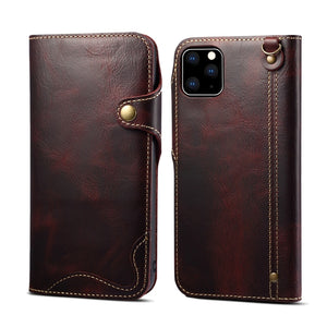 For iPhone 11 Pro Max Denior Oil Wax Cowhide Magnetic Button Horizontal Flip Leather Case with Card Slots & Wallet(Dark Red)