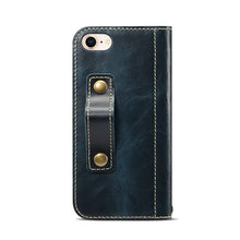For iPhone 7 / 8 Denior Oil Wax Cowhide DK Magnetic Button Horizontal Flip Leather Case with Holder & Card Slots & Wallet(Dark Blue)