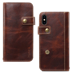 For iPhone X / XS Denior Oil Wax Cowhide DK Magnetic Button Horizontal Flip Leather Case with Holder & Card Slots & Wallet(Brown)