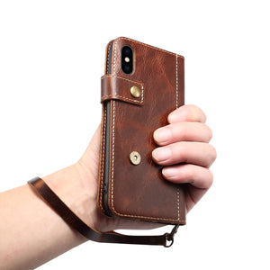 For iPhone X / XS Denior Oil Wax Cowhide DK Magnetic Button Horizontal Flip Leather Case with Holder & Card Slots & Wallet(Brown)