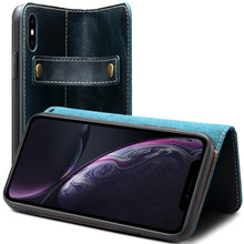 For iPhone X / XS Denior Oil Wax Cowhide DK Magnetic Button Horizontal Flip Leather Case with Holder & Card Slots & Wallet(Dark Blue)