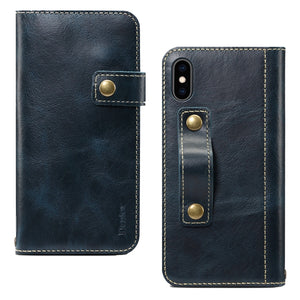 For iPhone XR Denior Oil Wax Cowhide DK Magnetic Button Horizontal Flip Leather Case with Holder & Card Slots & Wallet(Dark Blue)