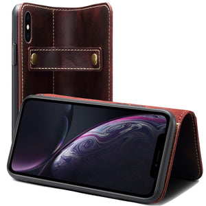 For iPhone XR Denior Oil Wax Cowhide DK Magnetic Button Horizontal Flip Leather Case with Holder & Card Slots & Wallet(Dark Red)