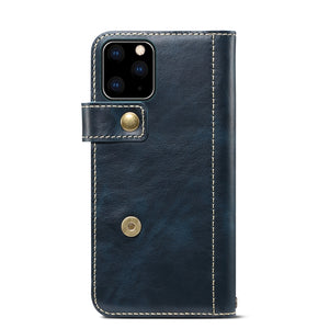For iPhone 11 Pro Max Denior Oil Wax Cowhide DK Magnetic Button Horizontal Flip Leather Case with Holder & Card Slots & Wallet(Dark Blue)