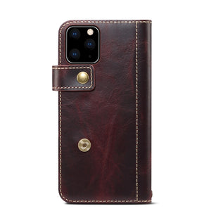 For iPhone 11 Pro Max Denior Oil Wax Cowhide DK Magnetic Button Horizontal Flip Leather Case with Holder & Card Slots & Wallet(Dark Red)