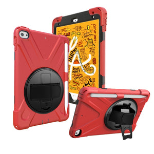 For iPad Mini 5 360 Degree Rotation Silicone Protective Cover with Holder & Hand Strap & Long Strap & Pencil Slot(Red)