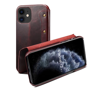 For iPhone 12 mini Denior Oil Wax Top Layer Cowhide Simple Flip Leather Case(Dark Red)