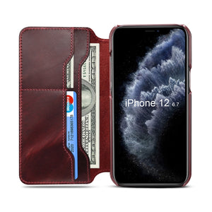 For iPhone 12 mini Denior Oil Wax Top Layer Cowhide Simple Flip Leather Case(Dark Red)