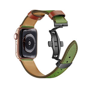 Butterfly Buckle Genuine Leather Watch Band For Apple Watch Series 8&7 41mm / SE 2&6&SE&5&4 40mm / 3&2&1 38mm(Green-Brown+Black Buckle)