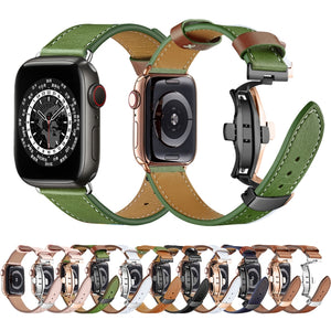 Butterfly Buckle Genuine Leather Watch Band For Apple Watch Series 8&7 41mm / SE 2&6&SE&5&4 40mm / 3&2&1 38mm(Green-Brown+Black Buckle)