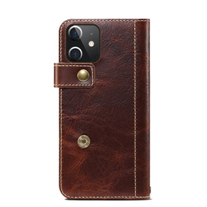 For iPhone 12 mini Denior Oil Wax Cowhide DK Magnetic Button Leather Phone Case(Brown)