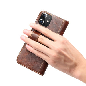 For iPhone 12 mini Denior Oil Wax Cowhide DK Magnetic Button Leather Phone Case(Brown)