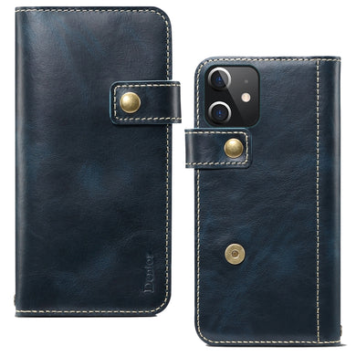 For iPhone 12 mini Denior Oil Wax Cowhide DK Magnetic Button Leather Phone Case(Dark Blue)