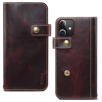 For iPhone 12 mini Denior Oil Wax Cowhide DK Magnetic Button Leather Phone Case(Dark Red)