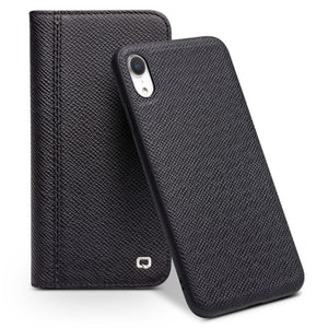 For iPhone XR QIALINO 2 in 1 Cross Texture Top-grain Leather  + PC + TPU Horizontal Flip Leather Case with Holder & Card Slots(Black)