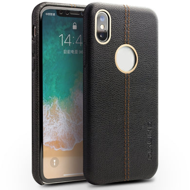 For iPhone X / XS QIALINO Deerskin Texture Cowhide Leather Protective Case(Black)