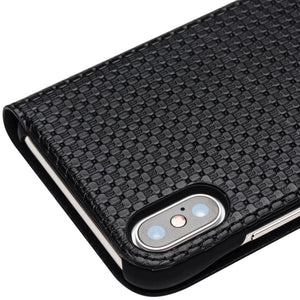 For iPhone X / XS QIALINO Grid Texture Horizontal Flip Leather Case  with Smart View Window & Sleep / Wake-up Function(Black)