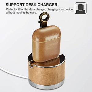 ICARER Cowhide Leather Anti-lost Dropproof Wireless Earphones Charging Box Protective Case for Apple AirPods 1/2, with Clasp(Khaki)